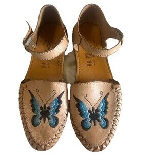 Huarache Womens Size 8 Embroidered Butterfly Leather Tan Ankle Strap Sandals
